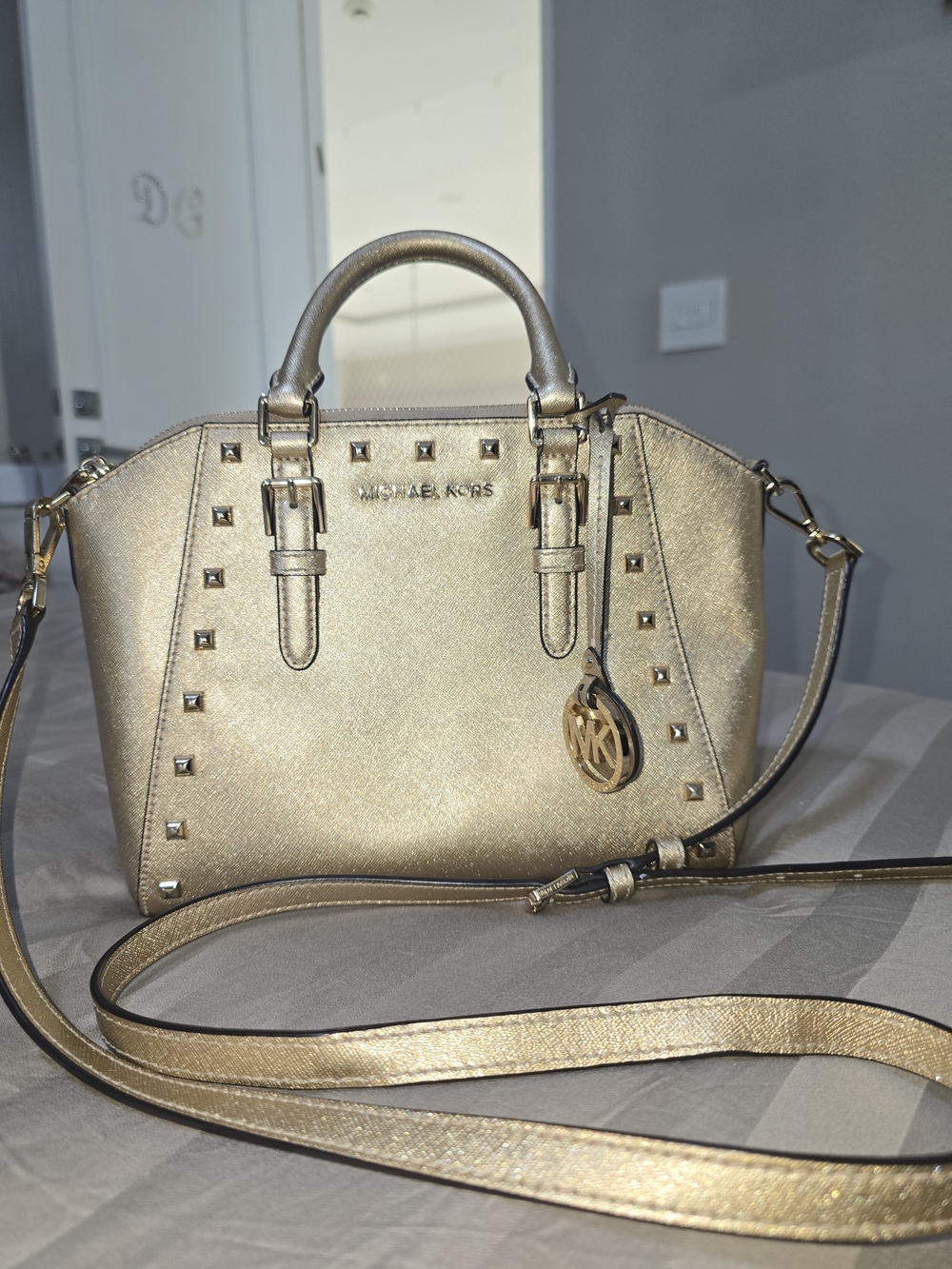 Michael Kors Gold Saffiano Leather Stud Satchel